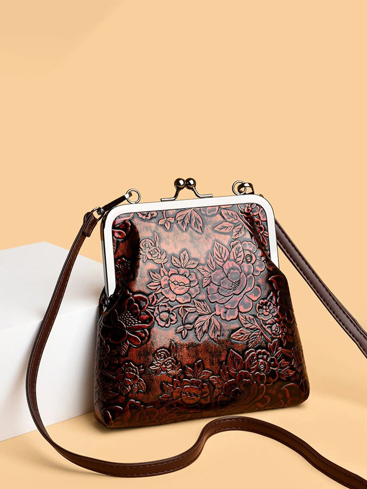 Embossed Floral Kiss Lock Bag