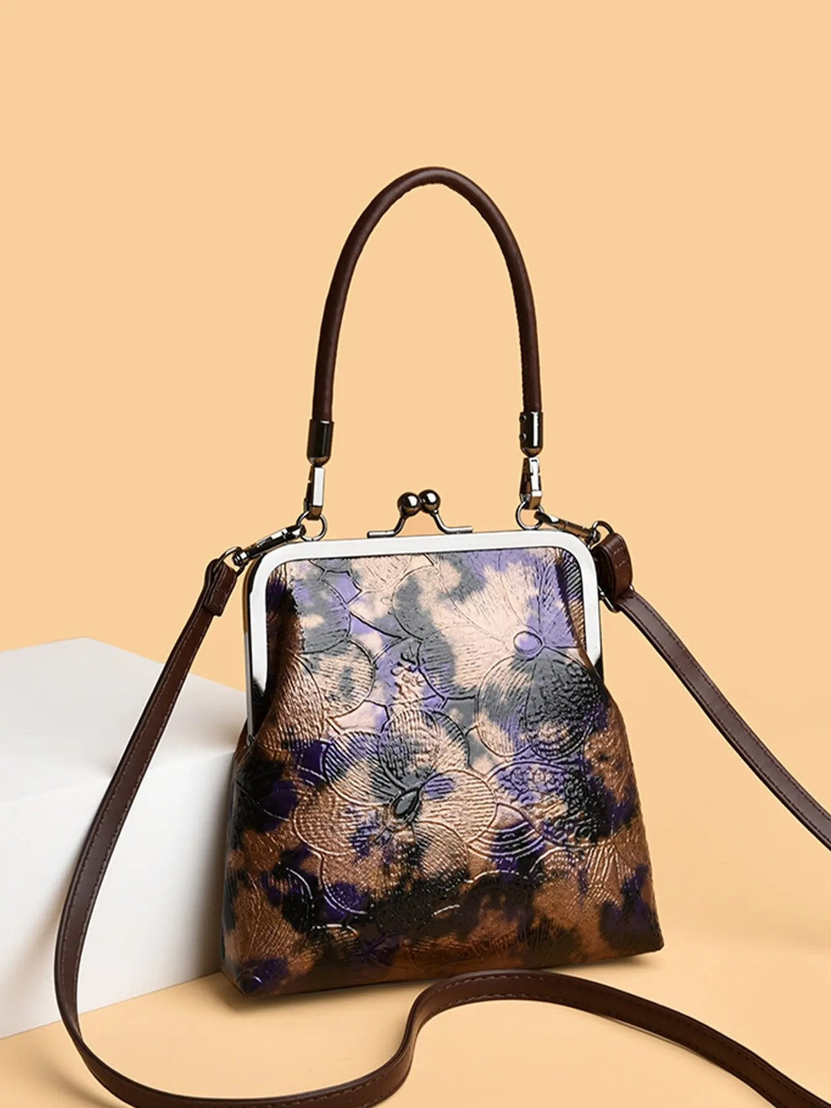 Embossed Floral Kiss Lock Bag