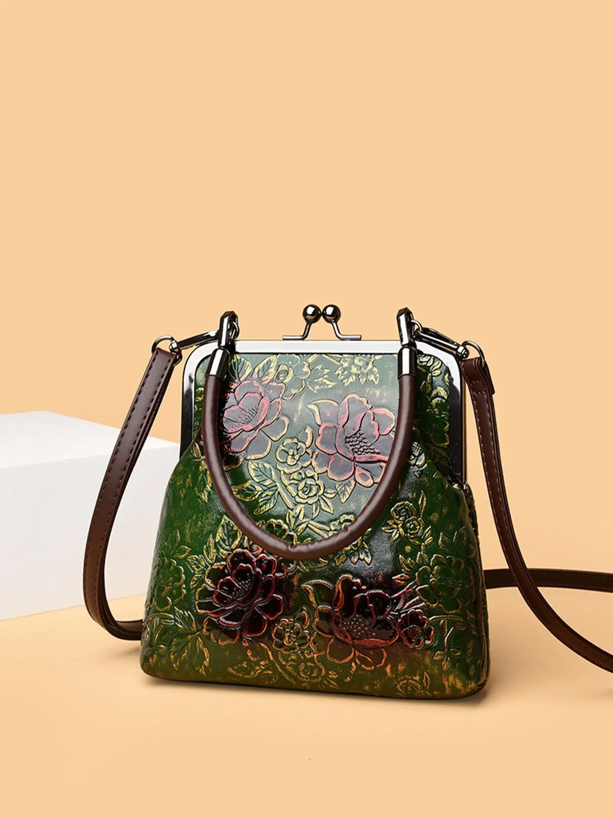 Embossed Floral Kiss Lock Bag