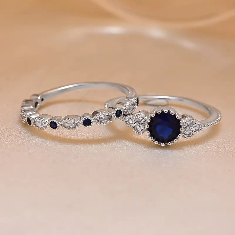 Blue Stone Halo Ring Set