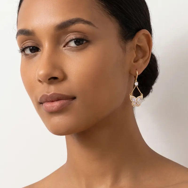 Pave Crystal Butterfly Hoop Drop Earrings