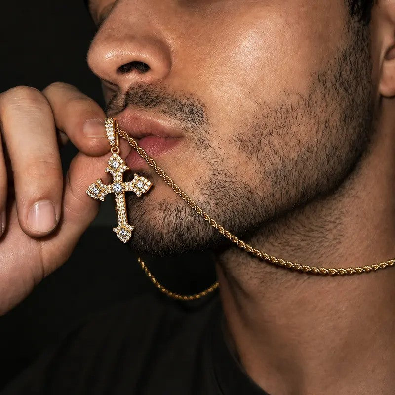 Ornate Crystal Cross Rope Necklace