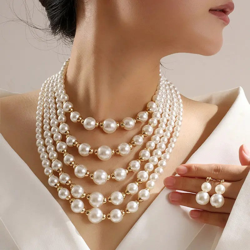 Tiered Pearl Station Necklace & Earring Set