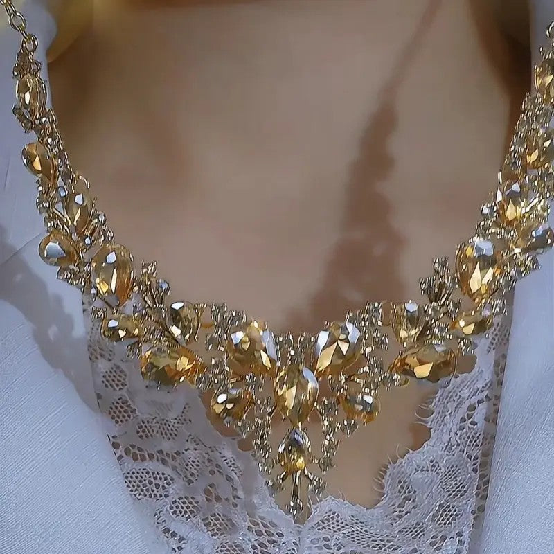 Golden Crystal Branch Statement Necklace