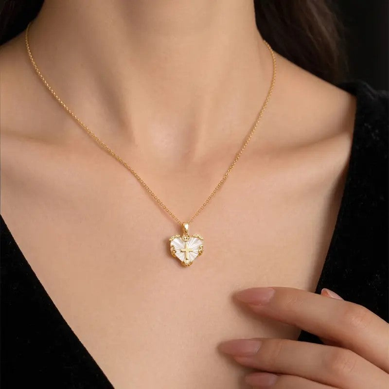Mother of Pearl Heart Cross Necklace