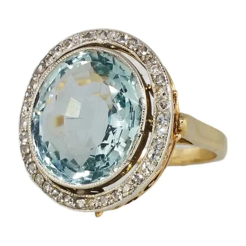 Blue Oval Crystal Double Halo Ring