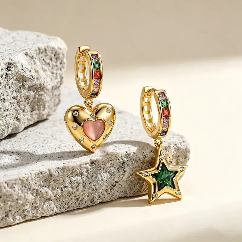 Colorful Heart & Star Dangle Hoop Earrings