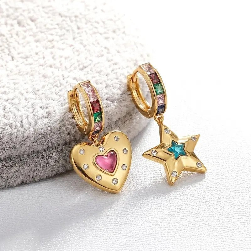Colorful Heart & Star Dangle Hoop Earrings