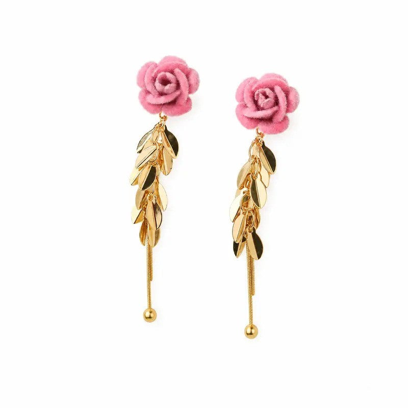 Pink Velvet Rose Drop Earrings