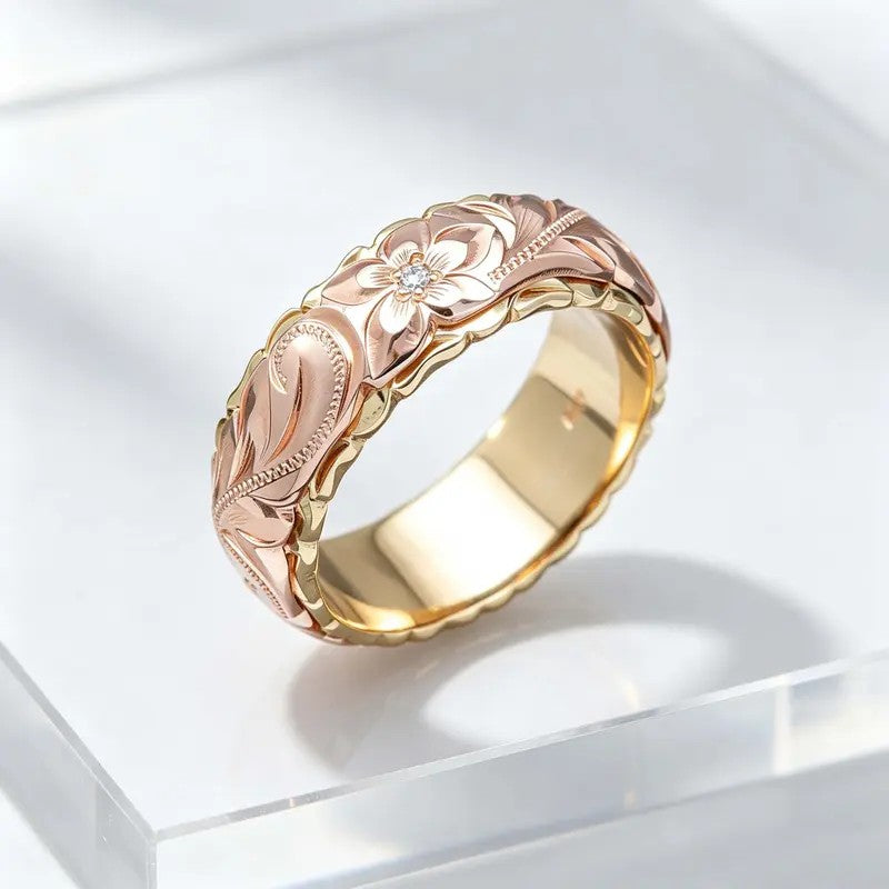 Two-Tone Floral Engraved Band Ring