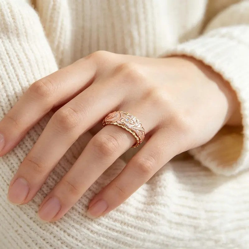 Two-Tone Floral Engraved Band Ring