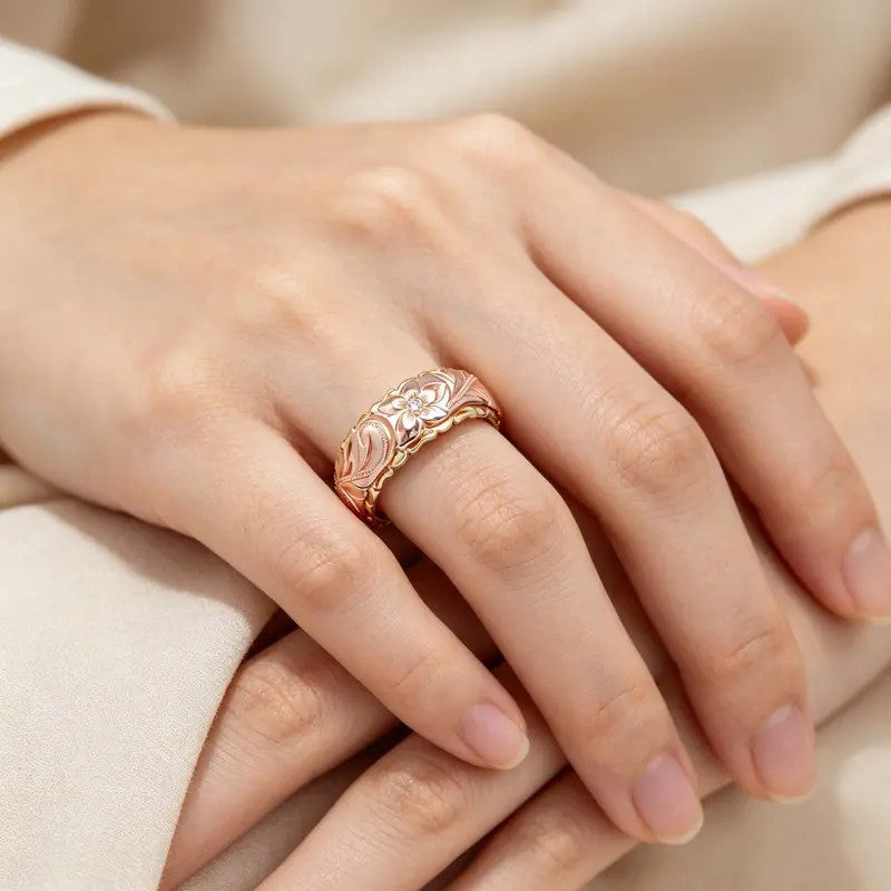 Two-Tone Floral Engraved Band Ring