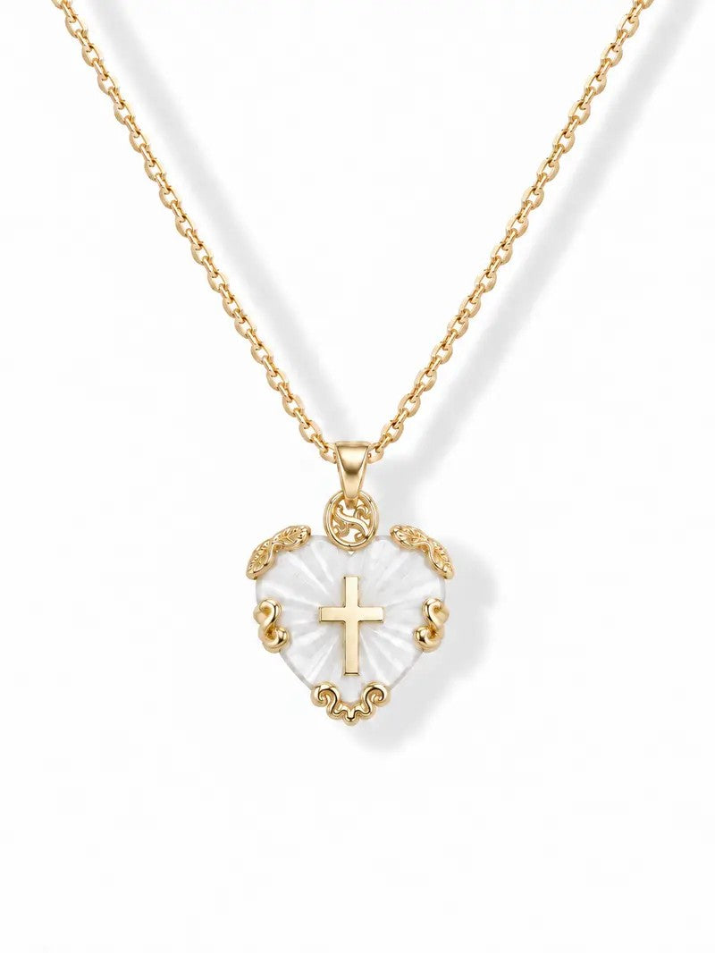 Ornate Shell Heart Cross Necklace