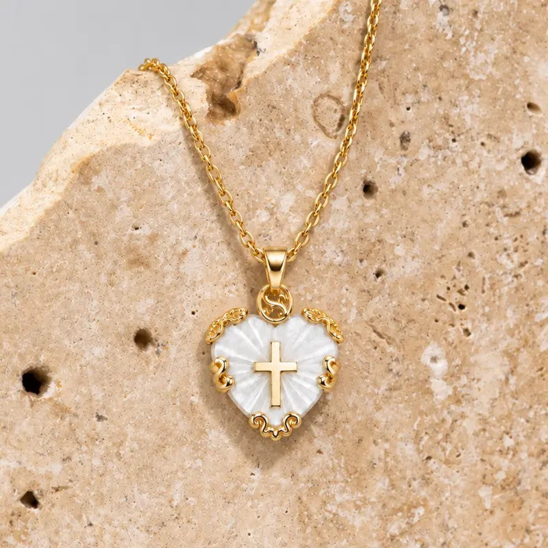 White Shell Heart Cross Necklace