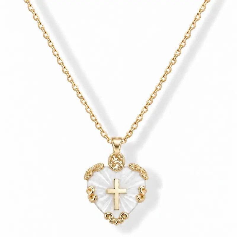 White Shell Heart Cross Necklace