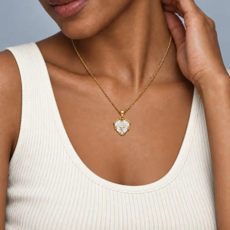 White Shell Heart Cross Necklace