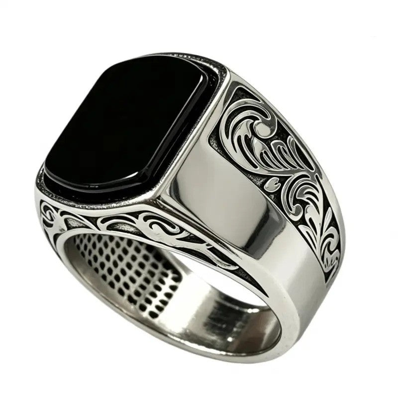 Black Stone Scrollwork Ring