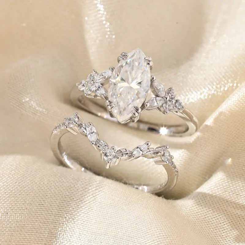 Marquise Crystal Floral Ring Set