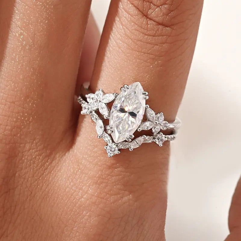 Marquise Crystal Floral Ring Set