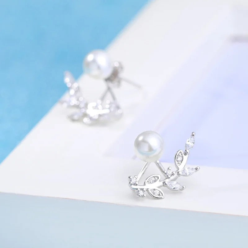 Pearl Leaf Crystal Stud Earrings