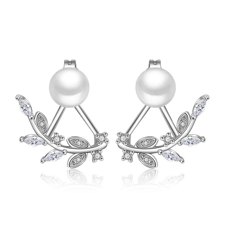 Pearl Leaf Crystal Stud Earrings