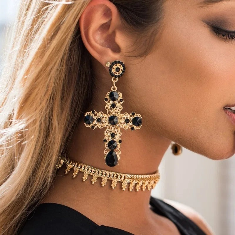 Black Crystal Cross Drop Earrings