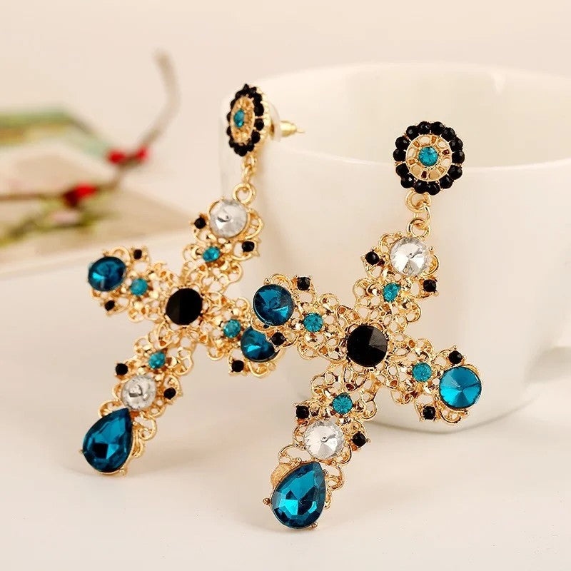 Black Crystal Cross Drop Earrings