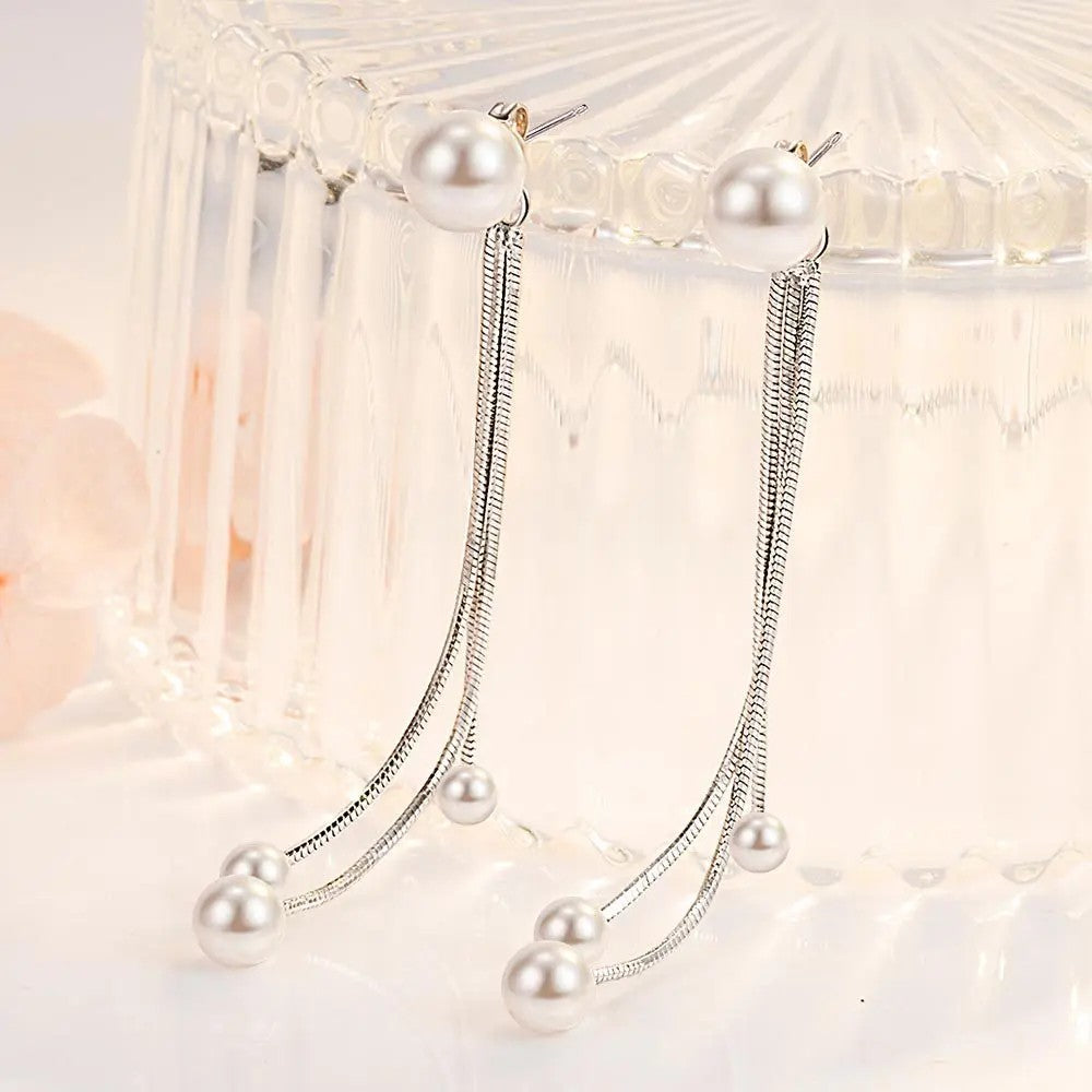 Triple Strand Pearl Tassel Earrings