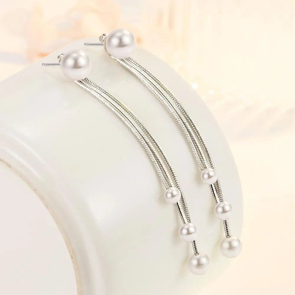 Triple Strand Pearl Tassel Earrings