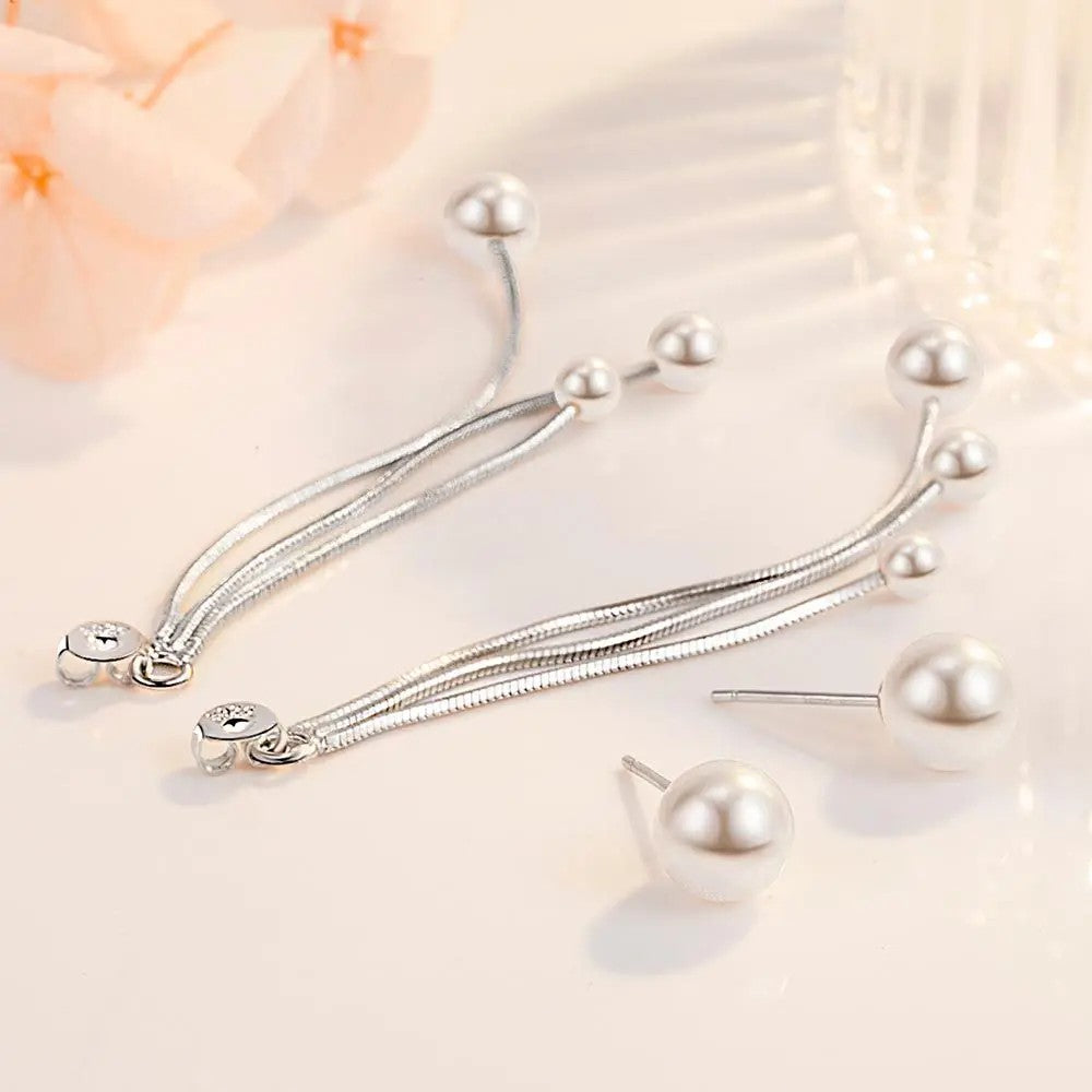 Triple Strand Pearl Tassel Earrings