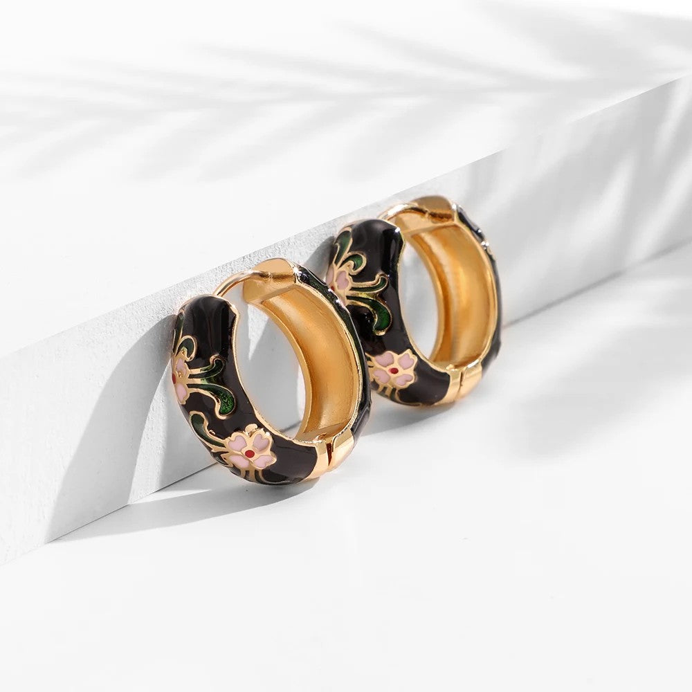 Blue Enamel Floral Hoop Earrings
