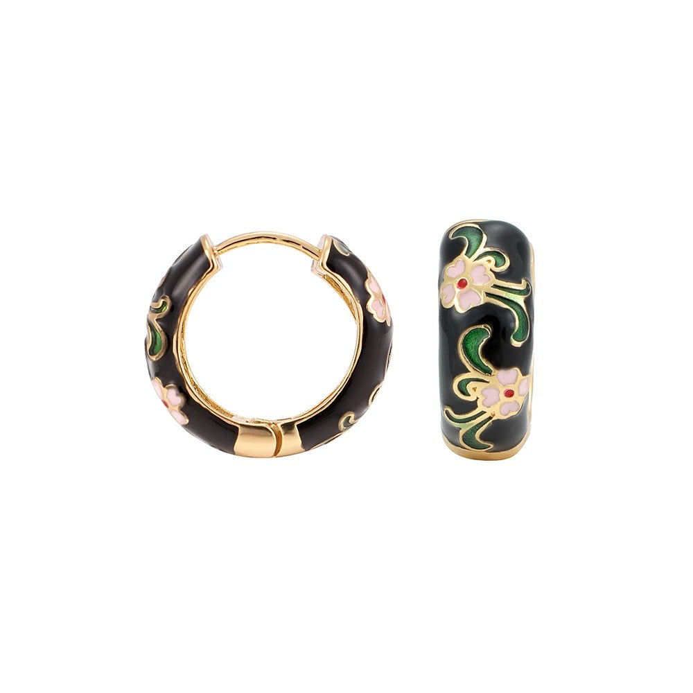 Blue Enamel Floral Hoop Earrings