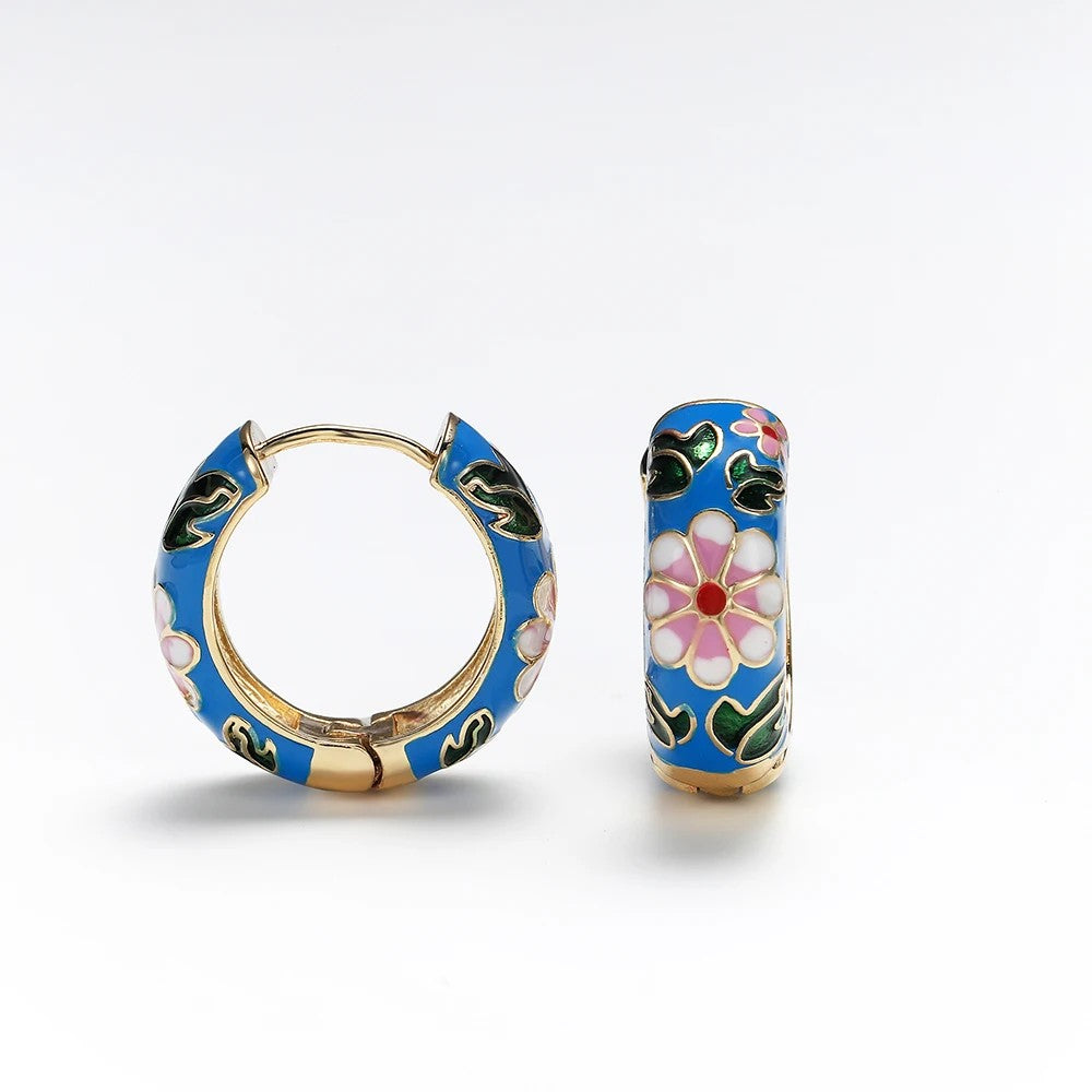 Blue Enamel Floral Hoop Earrings