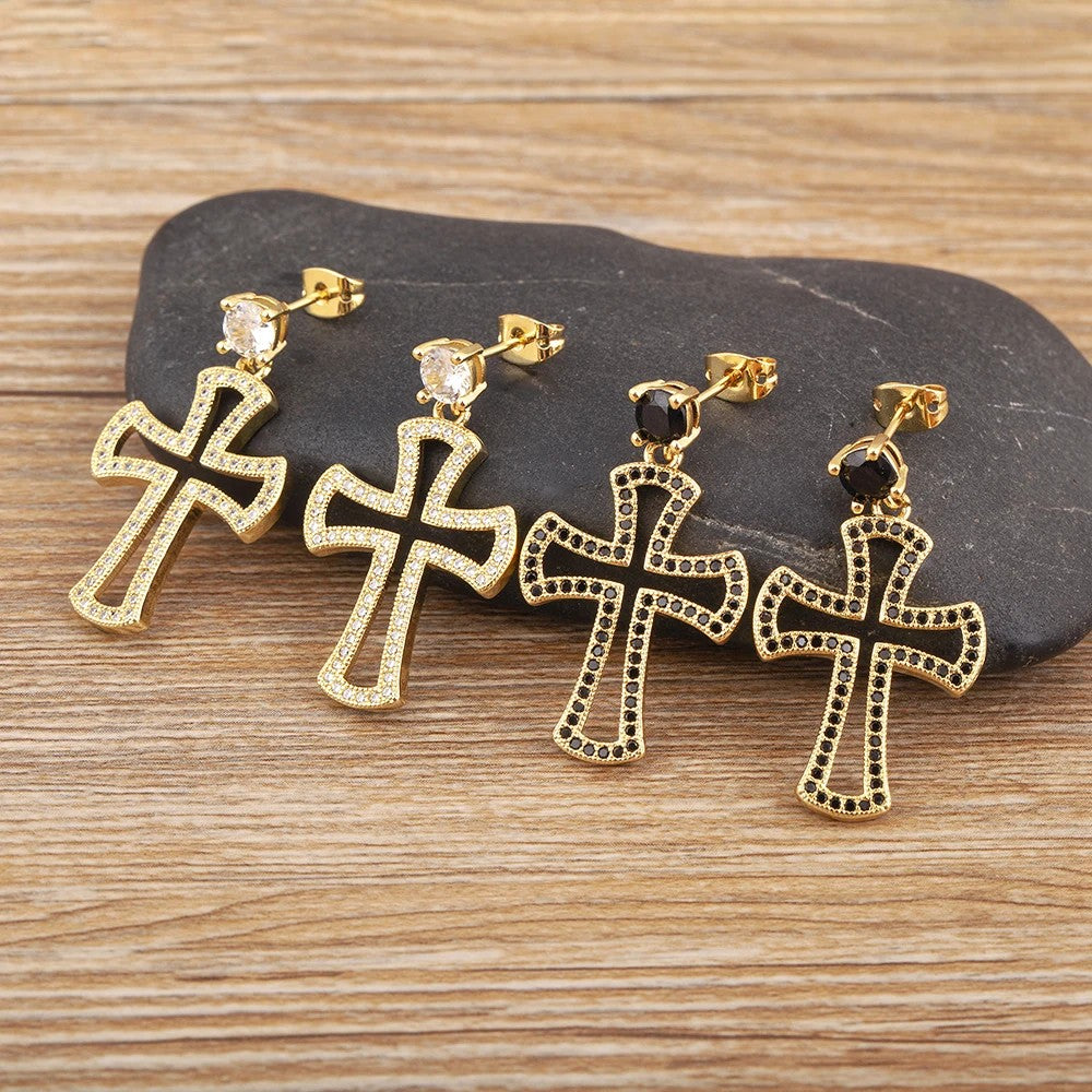 Pave Cross Drop Earrings