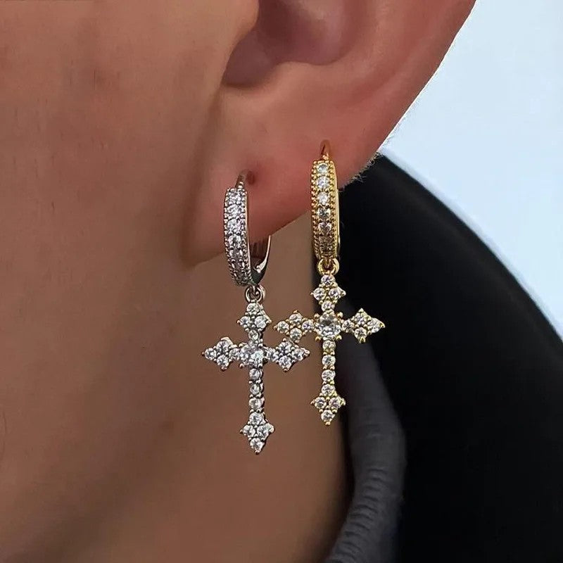 Pave Cross Huggie Earrings