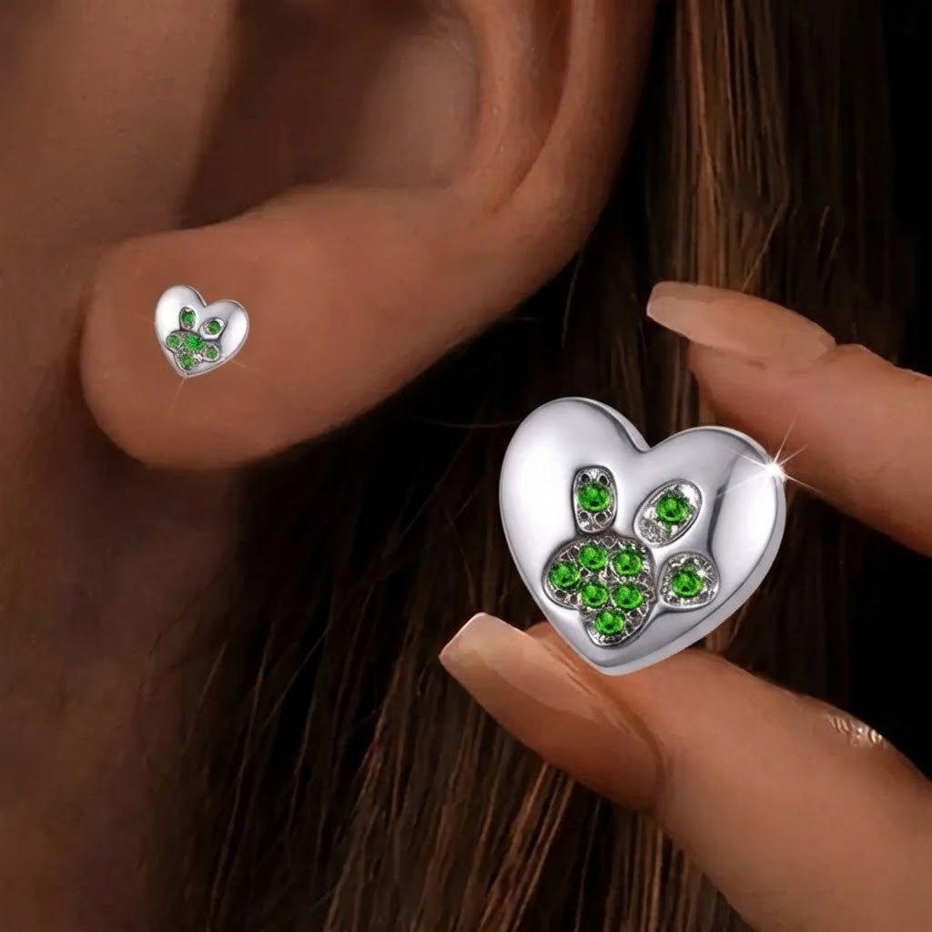 Green Crystal Paw Heart Stud Earrings