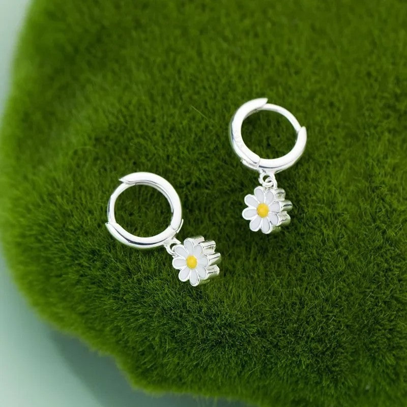White Daisy Hoop Earrings