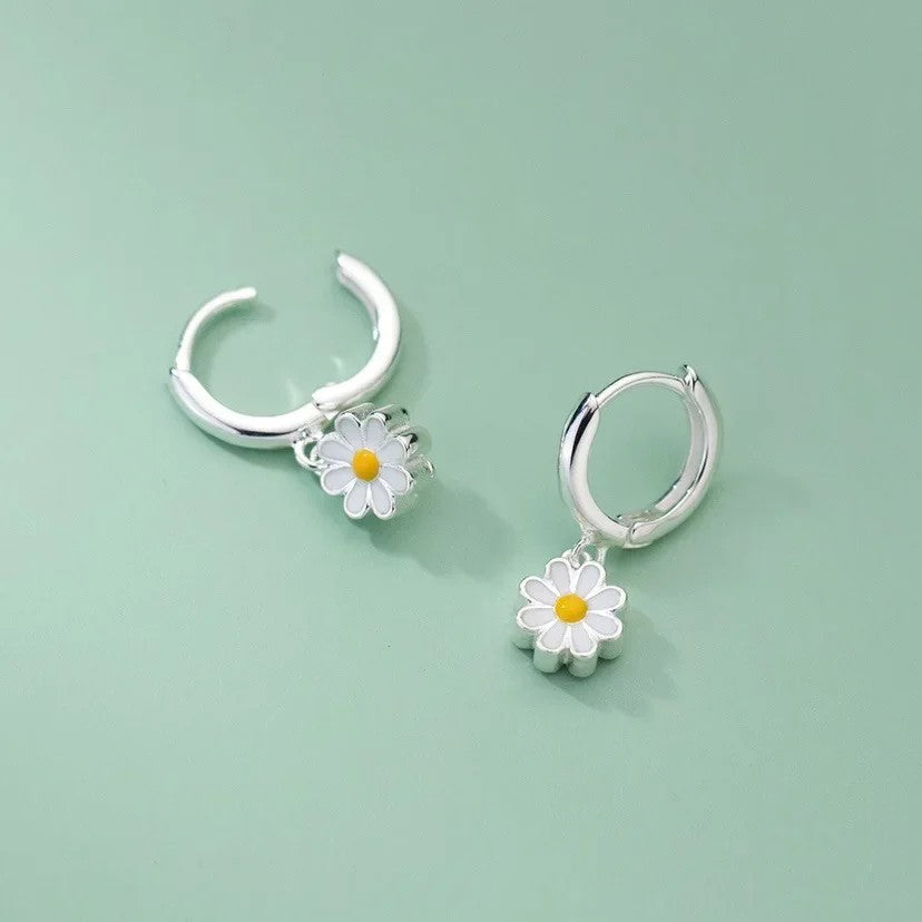 White Daisy Hoop Earrings