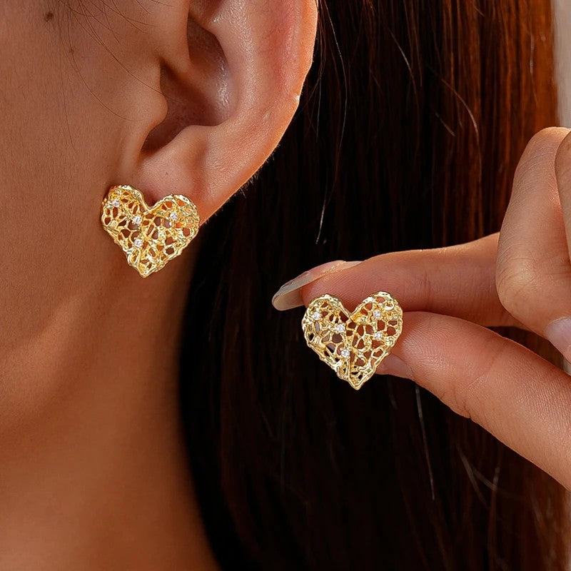 Zircon Heart Mesh Stud Earrings