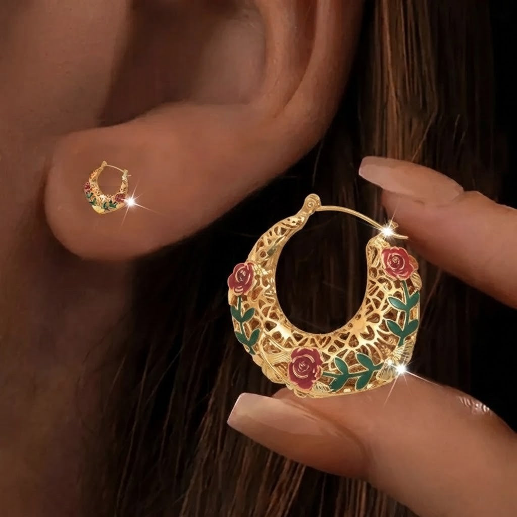 Enamel Rose Hoop Earrings