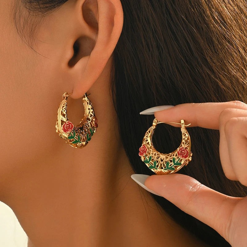 Enamel Rose Hoop Earrings