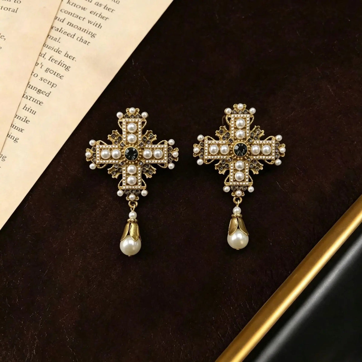 Pearl Cross Drop Earrings