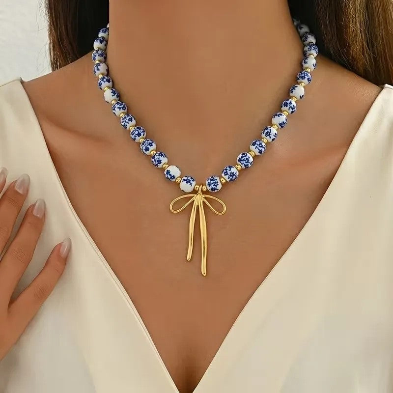 Blue Floral Bow Necklace