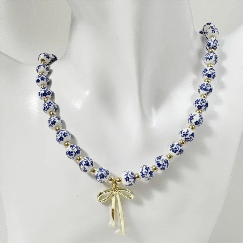 Blue Floral Bow Necklace