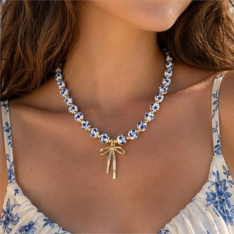 Blue Floral Bow Necklace
