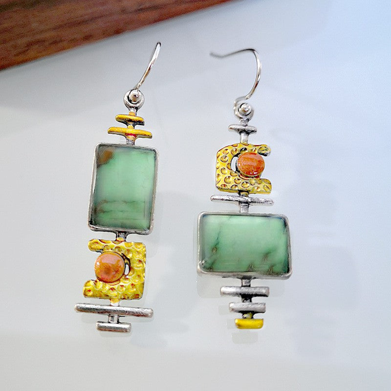 Turquoise & Amber Block Drop Earrings