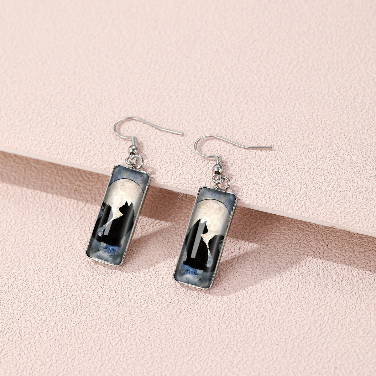 Cat Silhouette Rectangle Drop Earrings