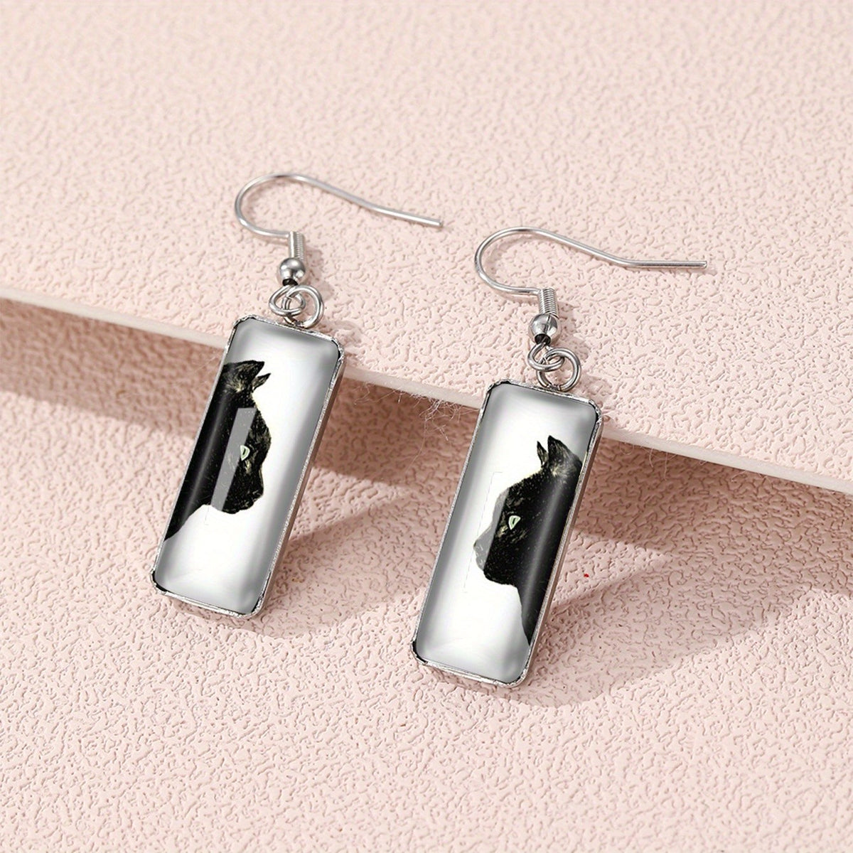 Cat Silhouette Rectangle Drop Earrings