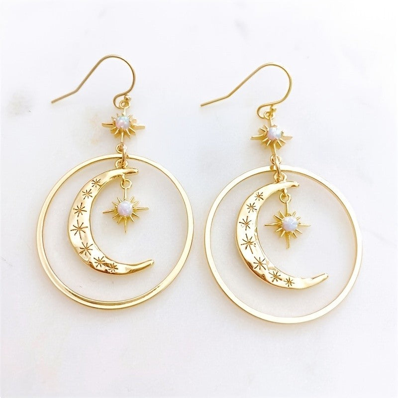 Crescent Moon Hoop Dangle Earrings
