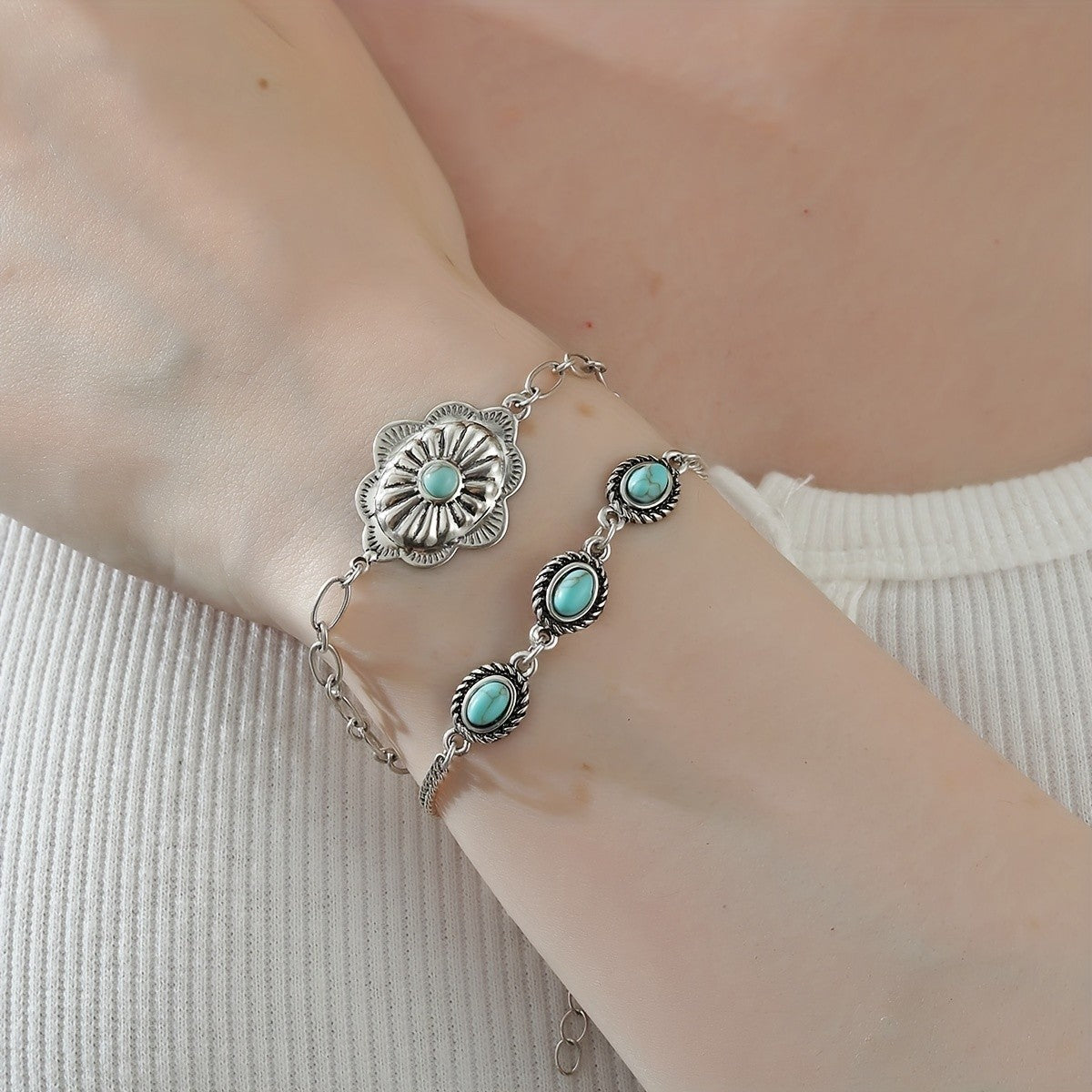 Turquoise Sunburst & Oval Link Bracelet Set